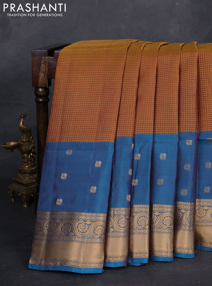 Mustard & Cs Blue Kanchipuram Soft Silk - Checks