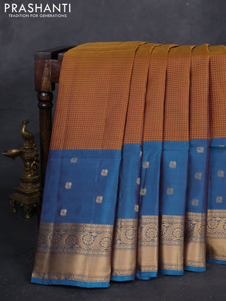 Mustard & Cs Blue Kanchipuram Soft Silk - Checks
