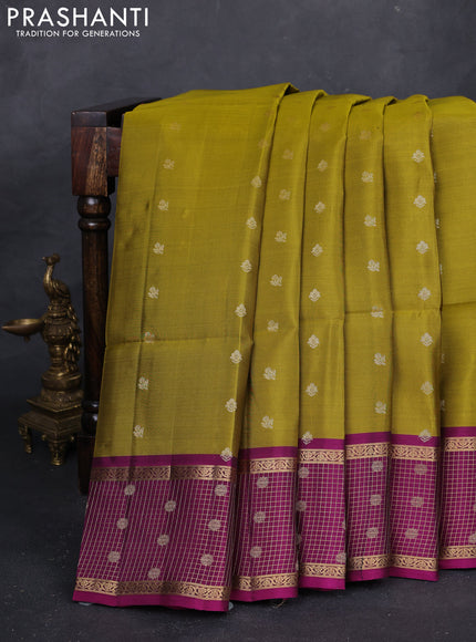 Mehendi Green & Magenta Pink Kanchipuram Soft Silk - Buttas