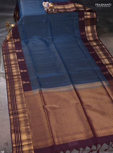 Peacock Blue & Wine Kanchipuram Soft Silk Saree