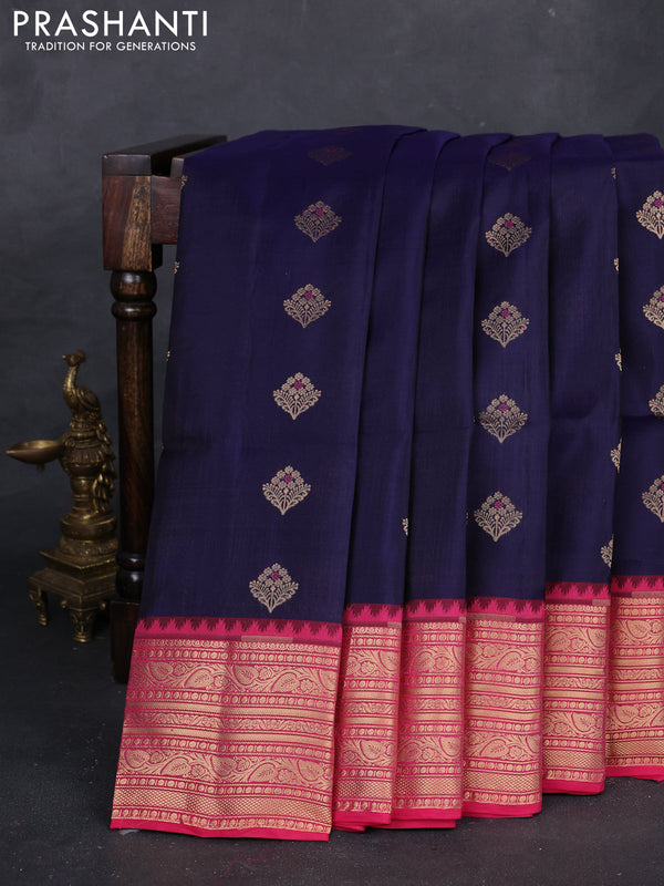 Navy Blue & Pink Kanchipuram Soft Silk - Buttas