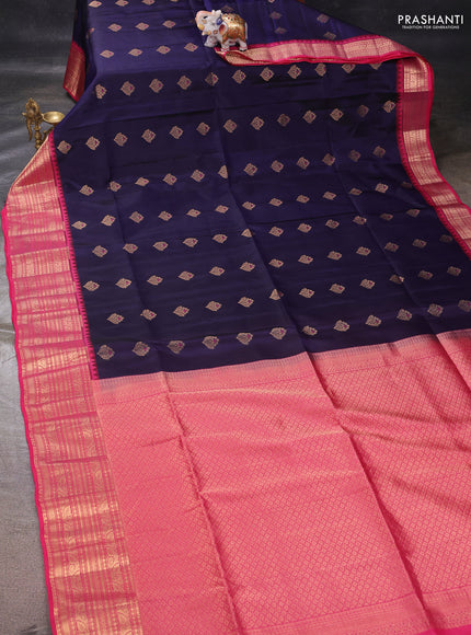 Navy Blue & Pink Kanchipuram Soft Silk - Buttas