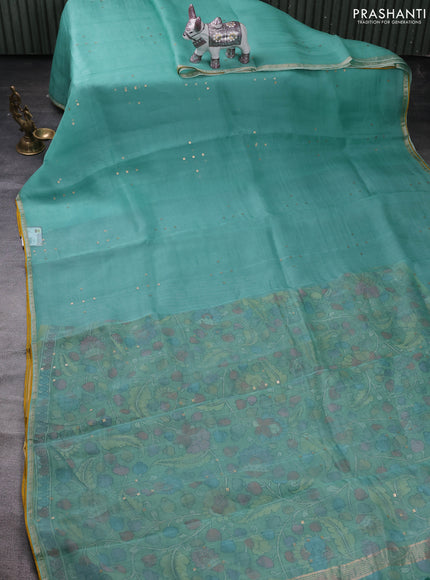 Teal Blue & Pastel Green Pure Organza Silk - Penkalamkari Blouse