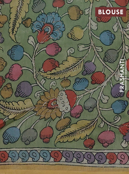 Teal Blue & Pastel Green Pure Organza Silk - Penkalamkari Blouse