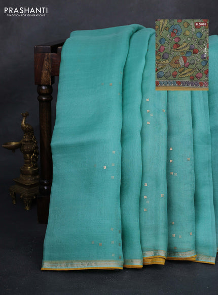 Teal Blue & Pastel Green Pure Organza Silk - Penkalamkari Blouse