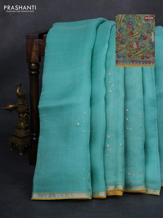 Teal Blue & Pastel Green Pure Organza Silk - Penkalamkari Blouse