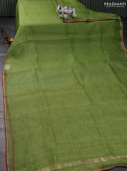 Green & Mustard Yellow Pure Organza Silk - Penkalamkari Blouse
