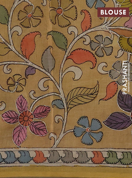 Green & Mustard Yellow Pure Organza Silk - Penkalamkari Blouse