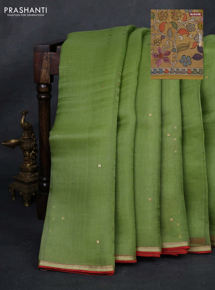Green & Mustard Yellow Pure Organza Silk - Penkalamkari Blouse