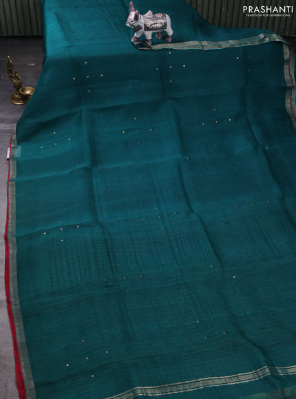 Teal Green & Beige Pure Organza Silk - Penkalamkari Blouse