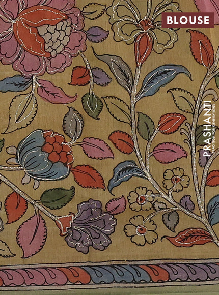 Teal Green & Beige Pure Organza Silk - Penkalamkari Blouse