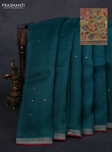 Teal Green & Beige Pure Organza Silk - Penkalamkari Blouse