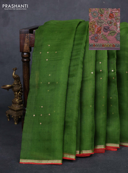 Green & Peach Pink Pure Organza Silk - Penkalamkari Blouse