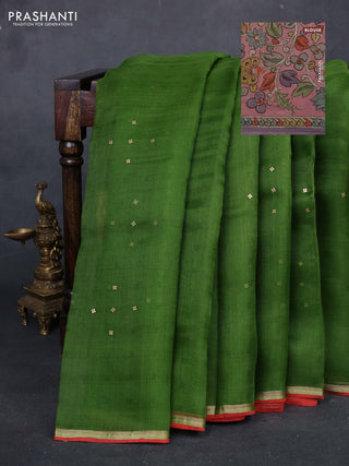 Green & Peach Pink Pure Organza Silk - Penkalamkari Blouse