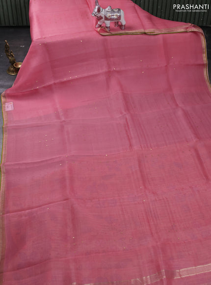 Peach Pink & Sandal Pure Organza Silk - Penkalamkari Blouse