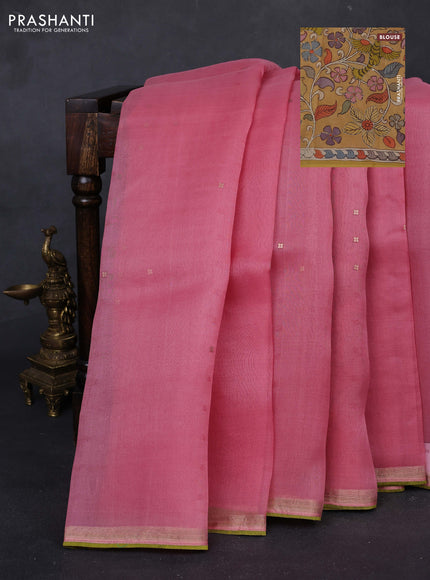 Peach Pink & Sandal Pure Organza Silk - Penkalamkari Blouse