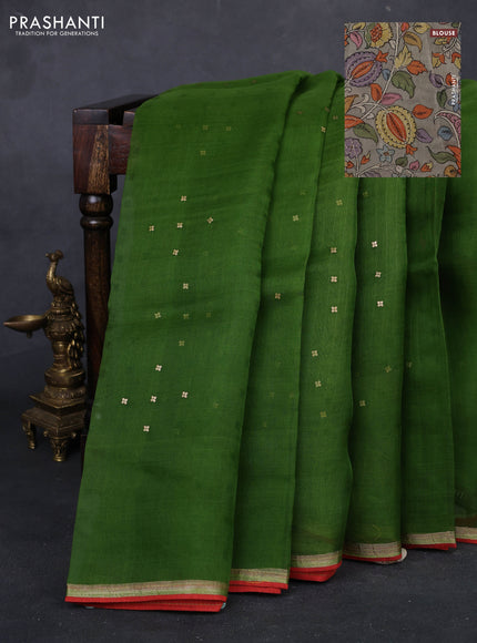 Green & Grey Pure Organza Silk - Penkalamkari Blouse