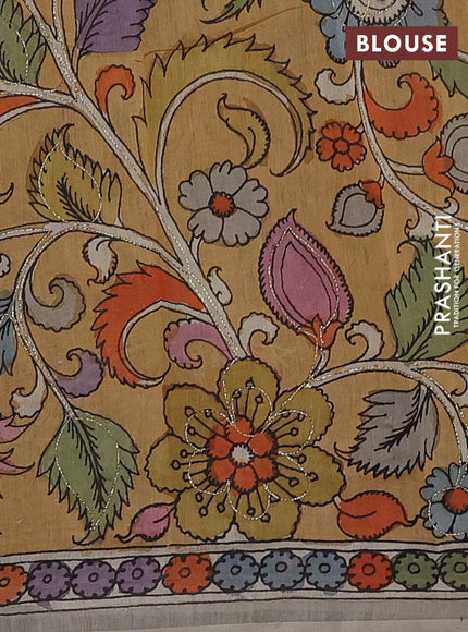 Grey & Mustard Yellow Pure Organza Silk - Penkalamkari Blouse