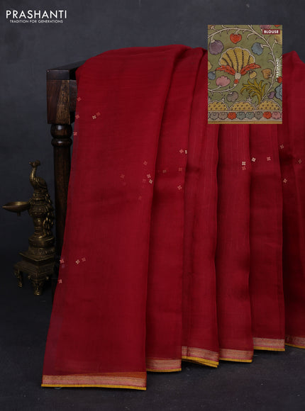 Maroon & Pista Green Pure Organza Silk - Penkalamkari Blouse
