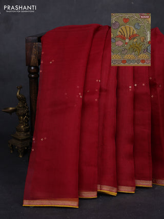 Maroon & Pista Green Pure Organza Silk - Penkalamkari Blouse