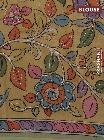 Peacock Green & Sandal Pure Organza Silk - Penkalamkari Blouse