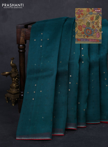 Peacock Green & Sandal Pure Organza Silk - Penkalamkari Blouse