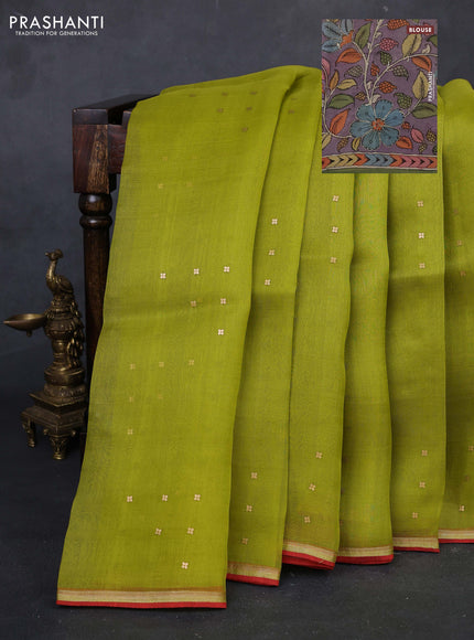 Lime Green & Pastel Purple Pure Organza Silk - Penkalamkari Blouse