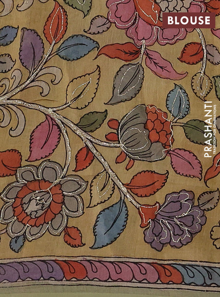 Grey & Mustard Yellow Pure Organza Silk - Penkalamkari Blouse