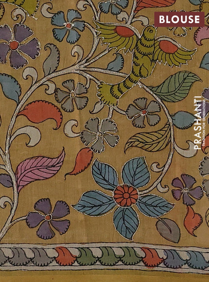 Green & Mustard Yellow Pure Organza Silk - Penkalamkari Blouse