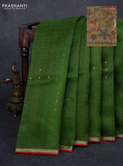 Green & Mustard Yellow Pure Organza Silk - Penkalamkari Blouse