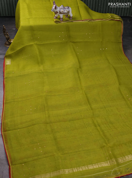 Lime Green & Beige Pure Organza Silk - Penkalamkari Blouse