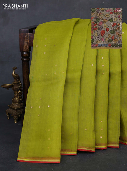 Lime Green & Beige Pure Organza Silk - Penkalamkari Blouse