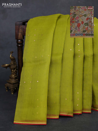 Lime Green & Beige Pure Organza Silk - Penkalamkari Blouse