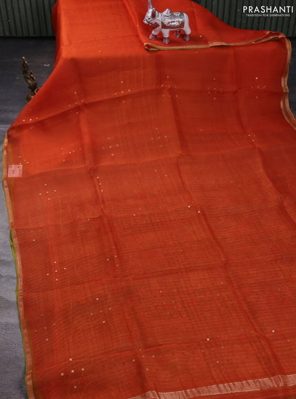 Orange & Pastel Green Pure Organza Silk - Penkalamkari Blouse