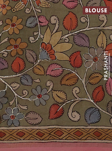 Orange & Pastel Green Pure Organza Silk - Penkalamkari Blouse