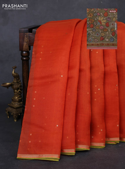Orange & Pastel Green Pure Organza Silk - Penkalamkari Blouse