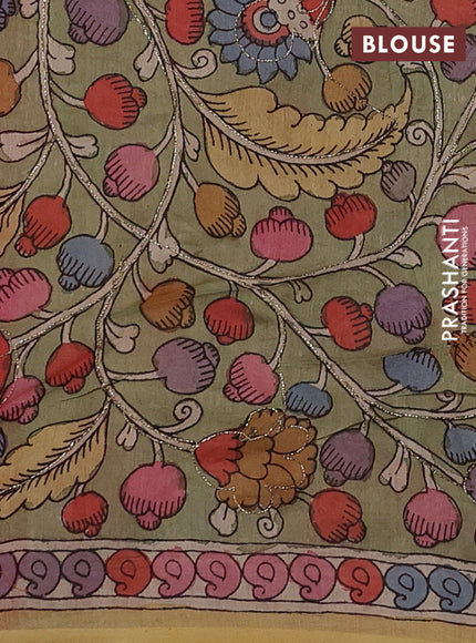 Maroon & Pastel Green Pure Organza Silk - Penkalamkari Blouse