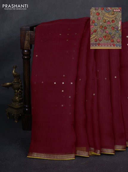 Maroon & Pastel Green Pure Organza Silk - Penkalamkari Blouse
