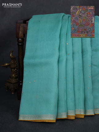 Turquoise Blue & Lavender Pure Organza Silk - Penkalamkari Blouse