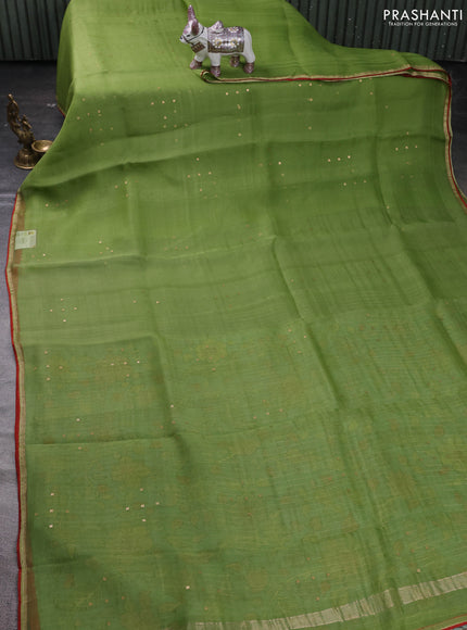Green & Aqua Blue Pure Organza Silk - Penkalamkari Blouse
