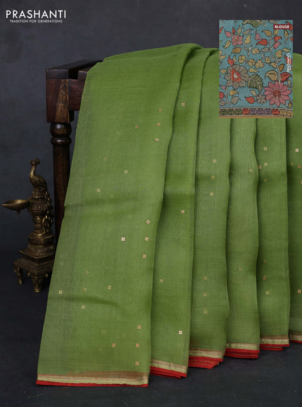 Green & Aqua Blue Pure Organza Silk - Penkalamkari Blouse