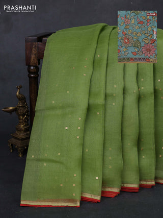 Green & Aqua Blue Pure Organza Silk - Penkalamkari Blouse