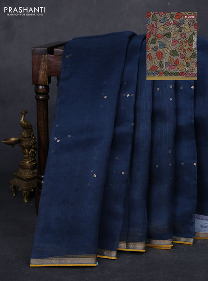 Peacock Blue & Grey Pure Organza Silk - Penkalamkari Blouse