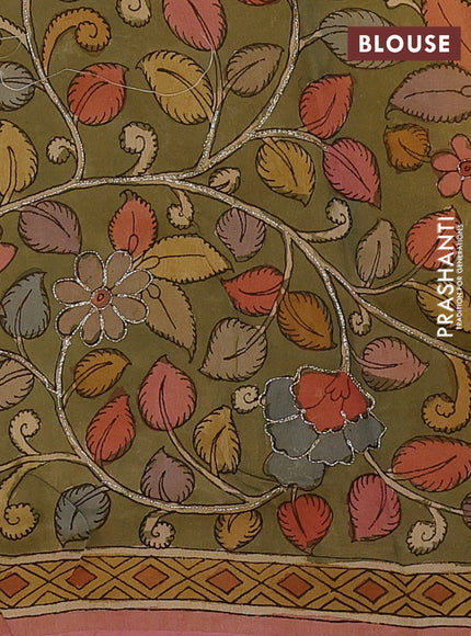 Yellow & Pastel Green Pure Organza Silk - Penkalamkari Blouse