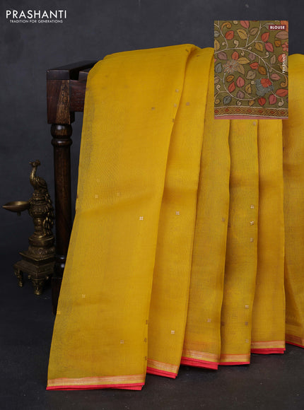 Yellow & Pastel Green Pure Organza Silk - Penkalamkari Blouse