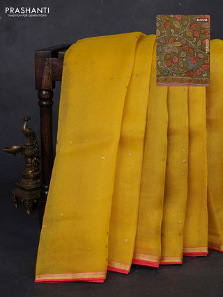Yellow & Pastel Green Pure Organza Silk - Penkalamkari Blouse