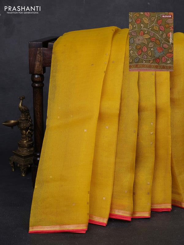 Yellow & Pastel Green Pure Organza Silk - Penkalamkari Blouse