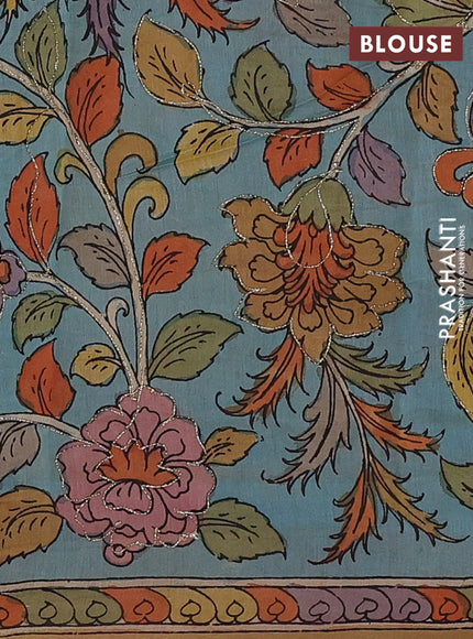 Gajri Pink & Aqua Blue Pure Organza Silk - Penkalamkari Blouse