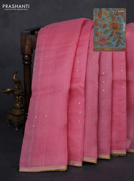 Gajri Pink & Aqua Blue Pure Organza Silk - Penkalamkari Blouse