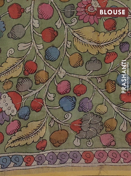 Grey & Green Pure Organza Silk - Penkalamkari Blouse
